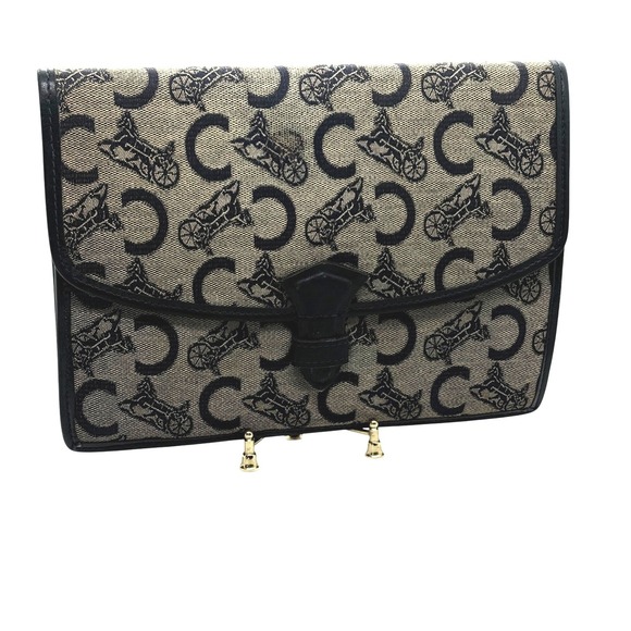 Celine Handbags - Celine Vintage Canvas Leather Trimmed Clutch Bag Monogram blue cream tan